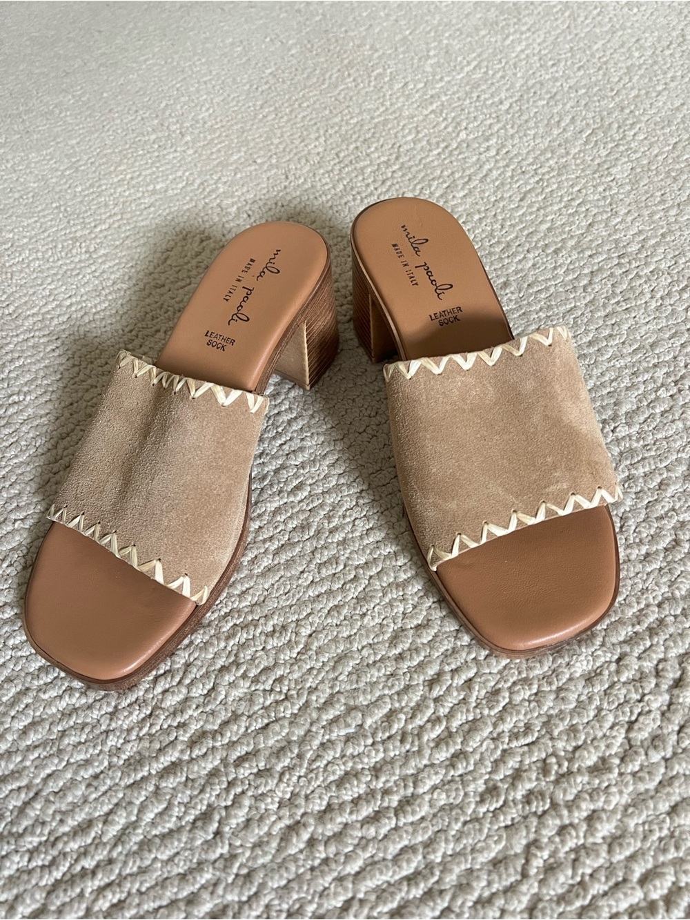 Mila Paoli Suede Taupe Slide Sandals with Raffia Cream Zigzag Trim- NWOT